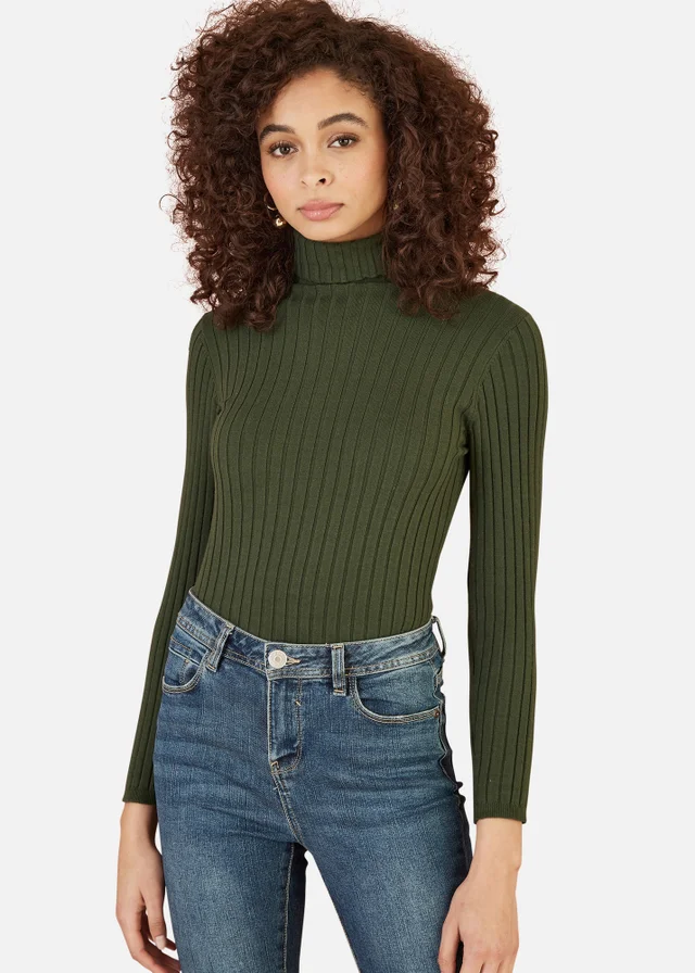 Yumi Green Ribbed Knit Roll Neck Jumper