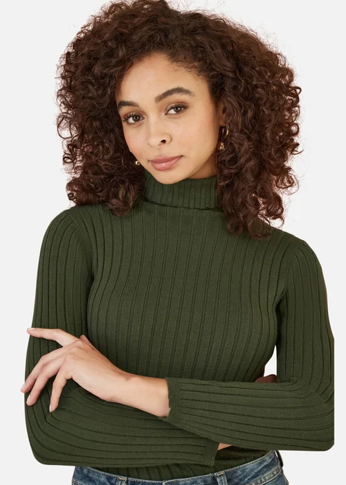 Yumi Green Ribbed Knit Roll Neck Jumper - S Image 3