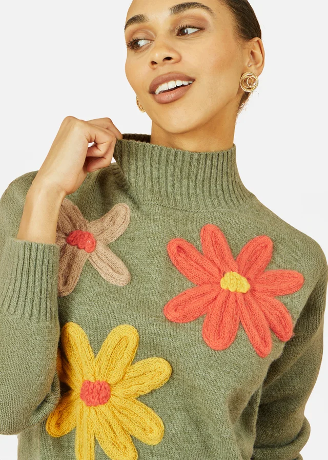 Yumi Green Knitted High Neck Jumper With Applique Flowers
