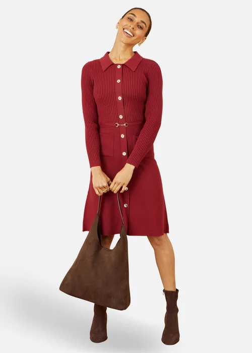 Yumi Burgundy Rib Knit Midi Shirt Dress With Snaffle Belt - M Image 1