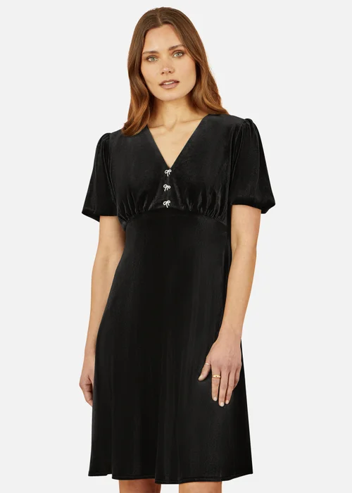 Yumi Black Velvet Skater Dress With Dimante Bow Detail - 8 Image 2