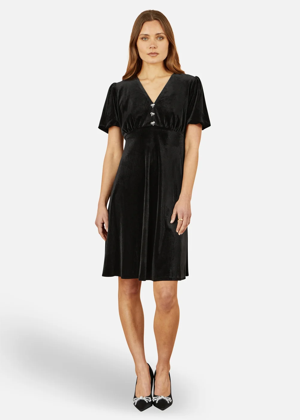 Yumi Black Velvet Skater Dress With Dimante Bow Detail - 8 Image 1