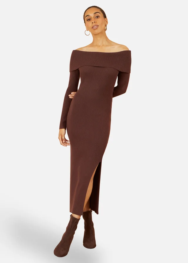 Yumi Brown Bardot Knitted Fitted Midi Dress