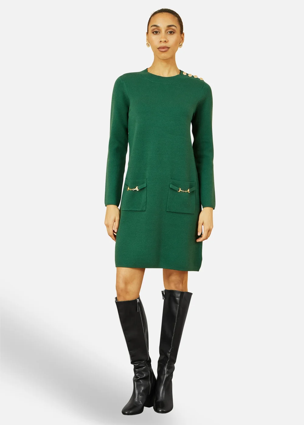 Yumi Green Knitted Tunic Dress With Gold Hardware Details - L Image 1