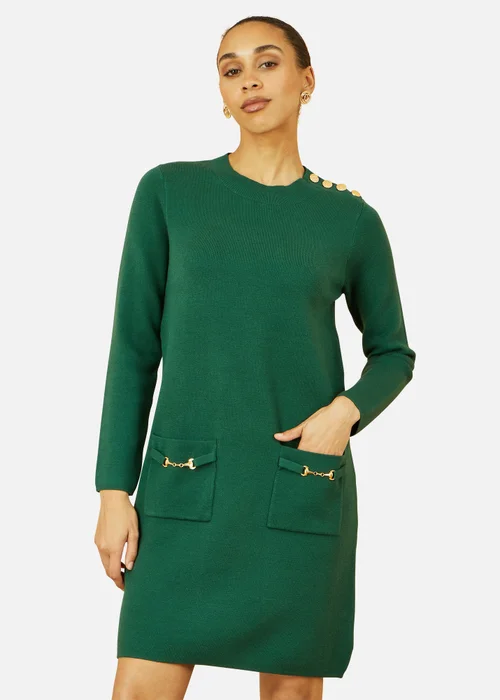 Yumi Green Knitted Tunic Dress With Gold Hardware Details - L Image 3