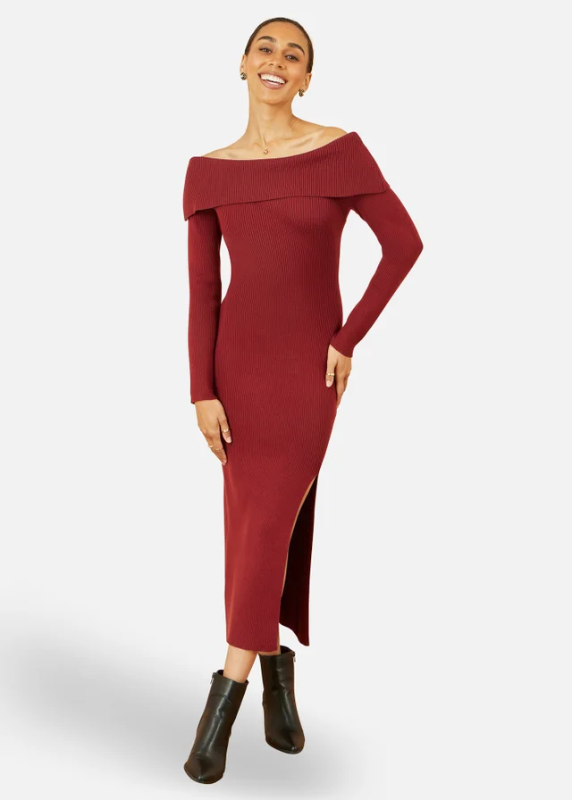 Yumi Burgundy Bardot Knitted Fitted Midi Dress