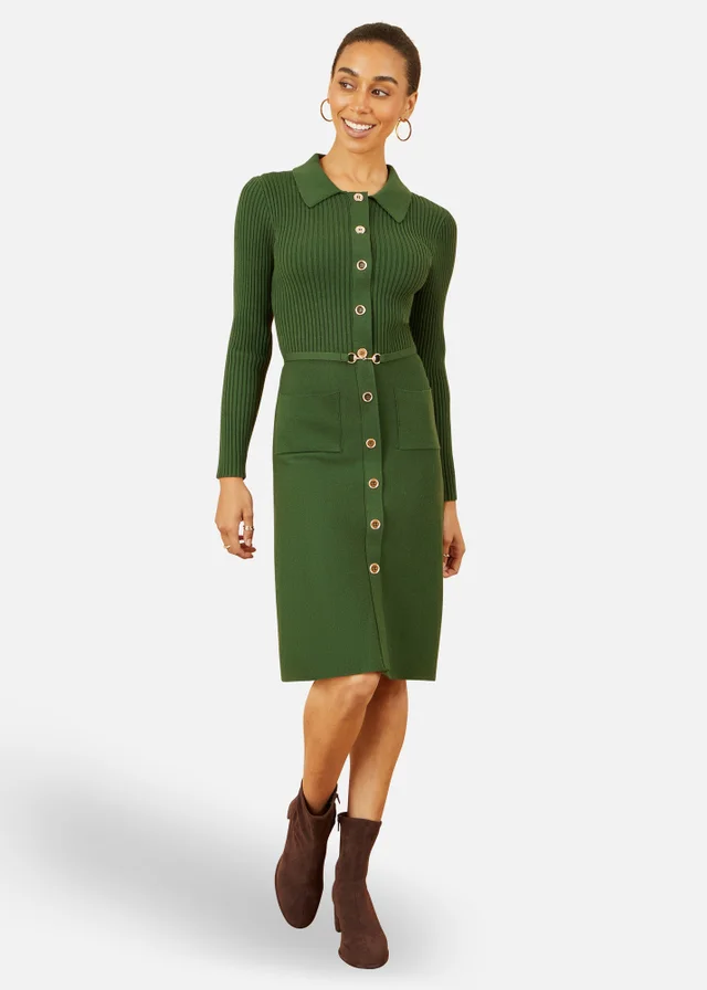 Yumi Green Rib Knit Midi Shirt Dress With Snaffle Belt