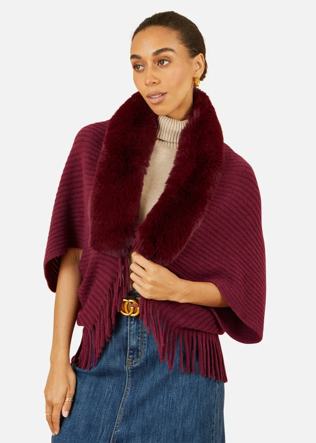 Yumi Burgundy Fur Collar Shrug With Tassel Hem