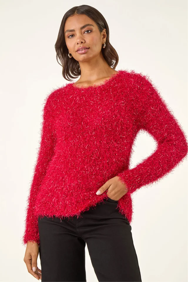 Roman Red Metallic Fluffy Knit Jumper