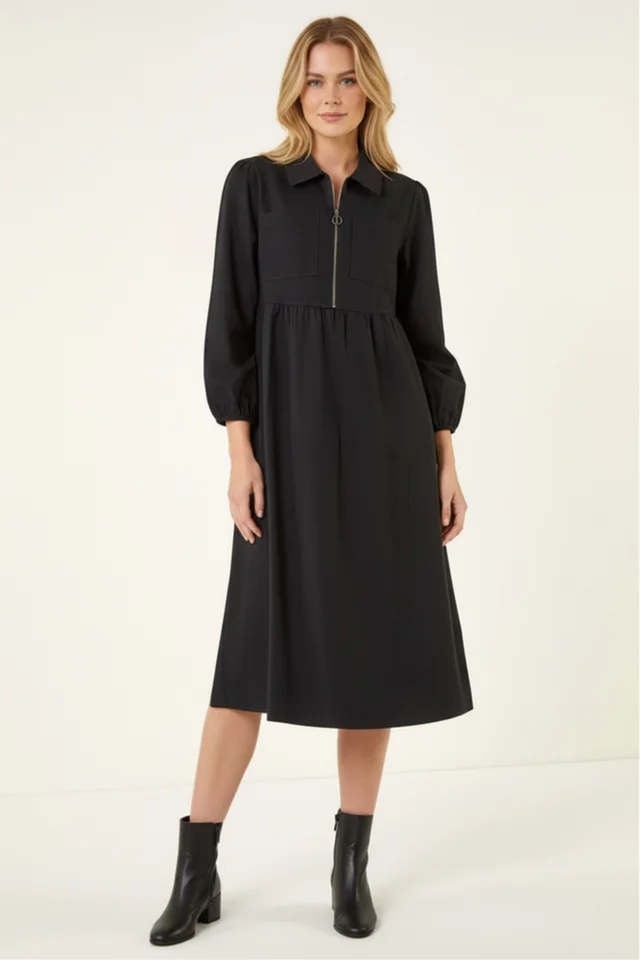 Roman Black Zip Front Collared Midi Dress
