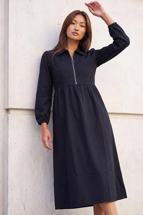 Roman Black Zip Front Collared Midi Dress - 10 Image 1