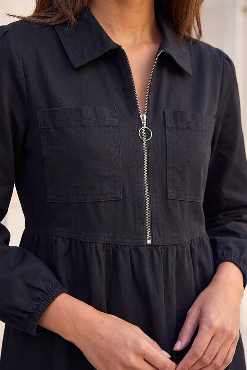 Roman Black Zip Front Collared Midi Dress - 10 Image 4