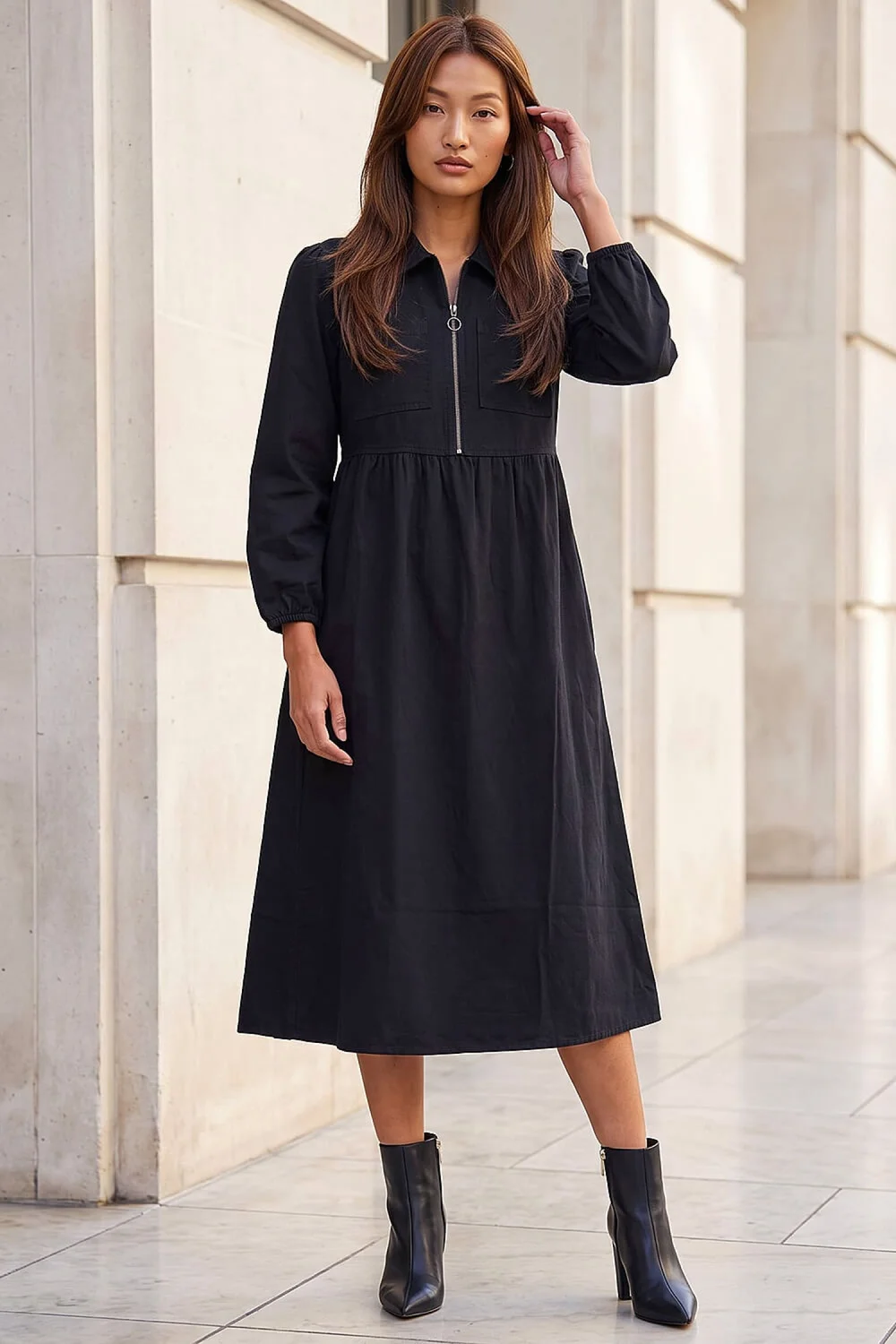Roman Black Zip Front Collared Midi Dress - 10 Image 2