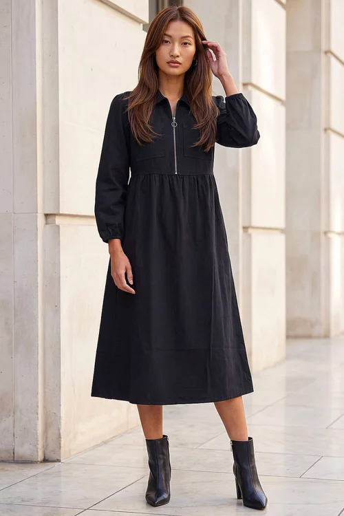 Roman Black Zip Front Collared Midi Dress - 10 Image 2