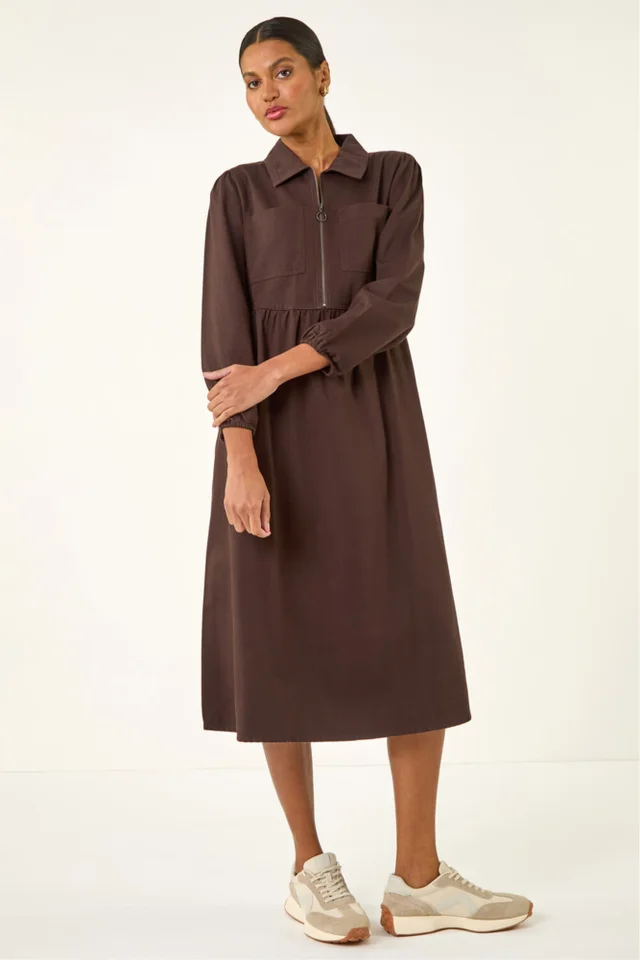 Roman Chocolate Zip Front Collared Midi Dress