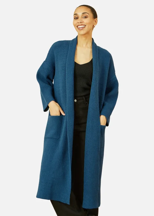 Yumi Teal Knitted Maxi Cardigan With Pockets - Small Image 3