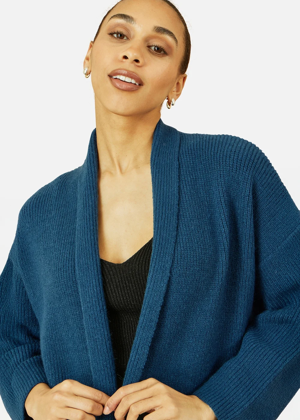 Yumi Teal Knitted Maxi Cardigan With Pockets - Small Image 2