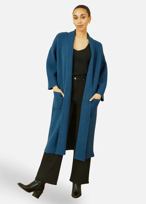 Yumi Teal Knitted Maxi Cardigan With Pockets - Small Image 1