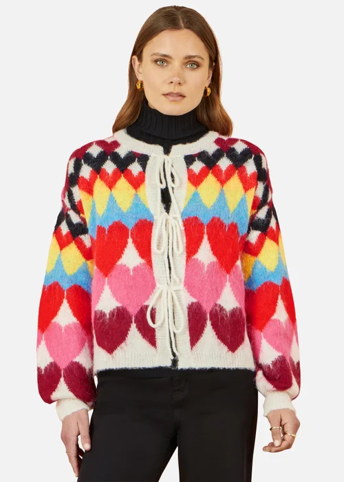 Yumi Multicolour Tie Front Heart Intarsia Cardigan - Small Image 2