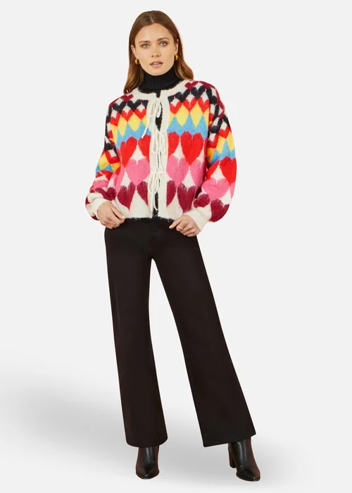 Yumi Multicolour Tie Front Heart Intarsia Cardigan - Small Image 1
