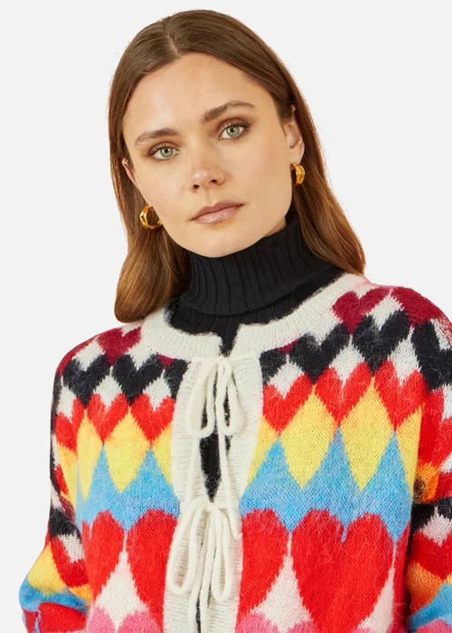 Yumi Multicolour Tie Front Heart Intarsia Cardigan - Small Image 3