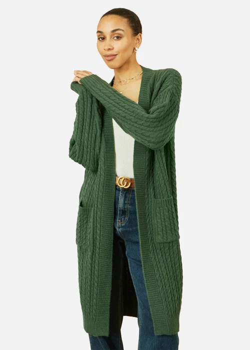 Yumi Green Cable Knit Edge to Edge Long Cardigan With Pockets - Small/Medium Image 2