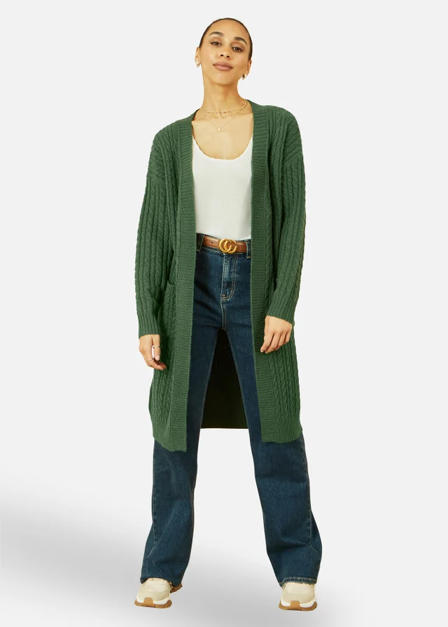 Yumi Green Cable Knit Edge to Edge Long Cardigan With Pockets