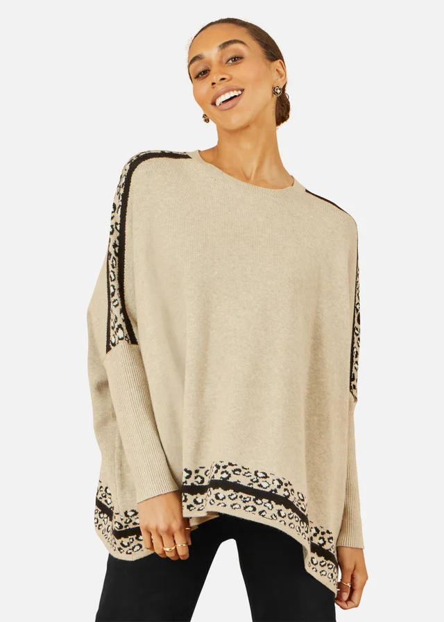 Yumi Oatmeal Leopard Pring Border Relaxed Fit Jumper