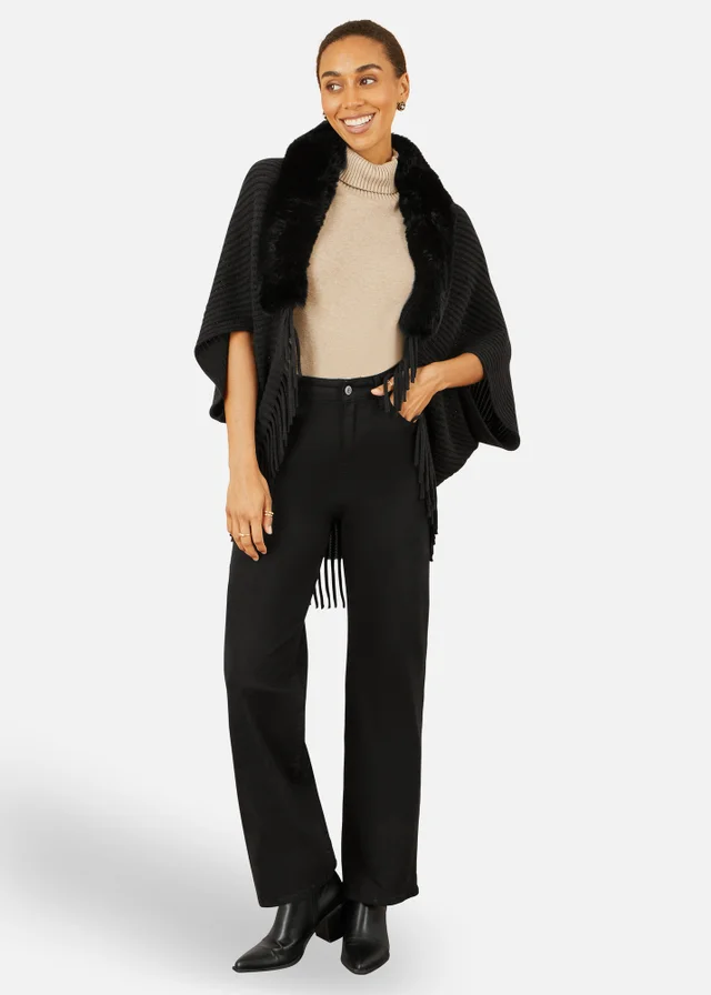 Yumi Black Fur Collar Shrug With Tassel Hem