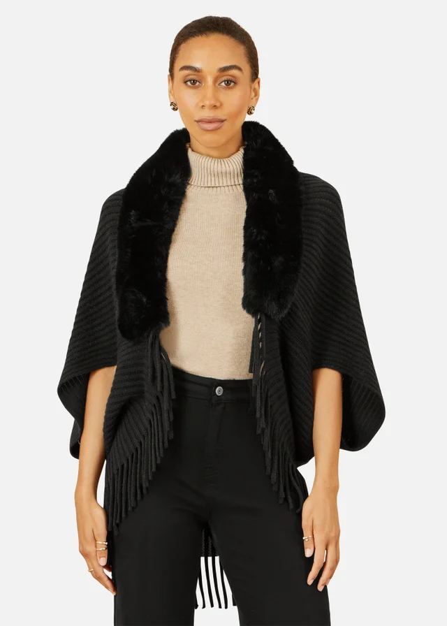 Yumi Black Fur Collar Shrug With Tassel Hem
