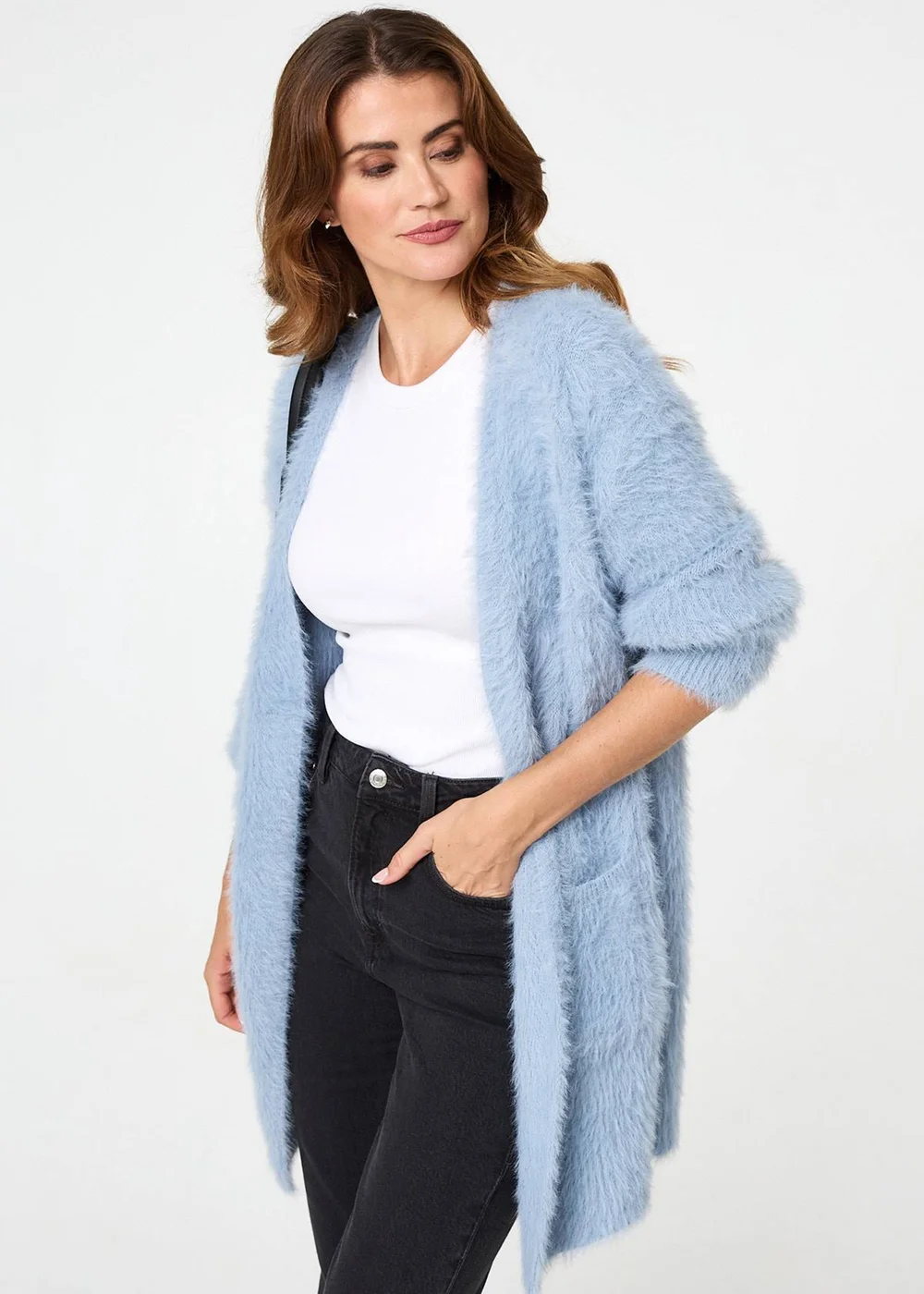 Izabel London Blue Soft Textured Longline Open Cardigan - 8-10 Image 1