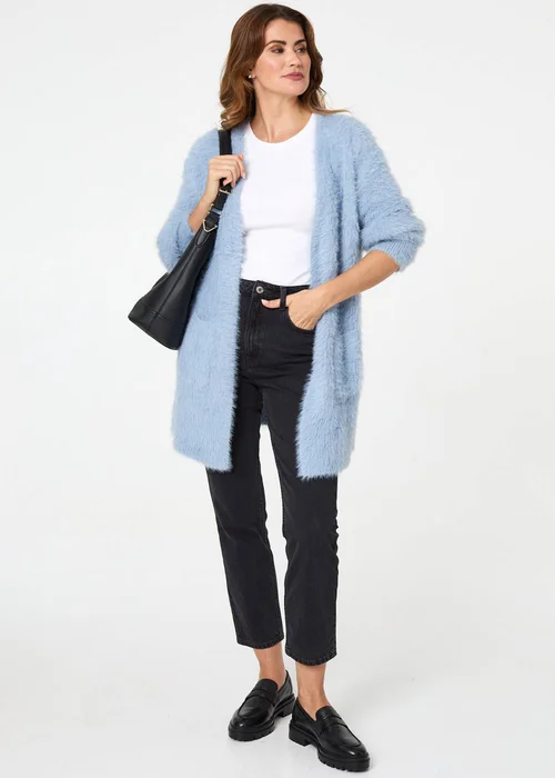 Izabel London Blue Soft Textured Longline Open Cardigan - 8-10 Image 4