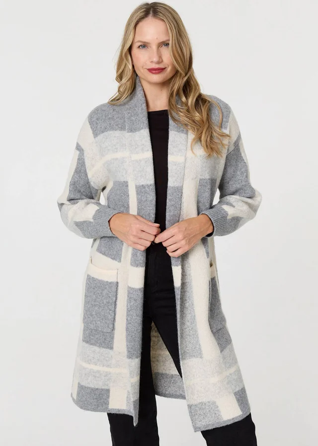 Izabel London Grey Checked Open Front Longline Cardigan