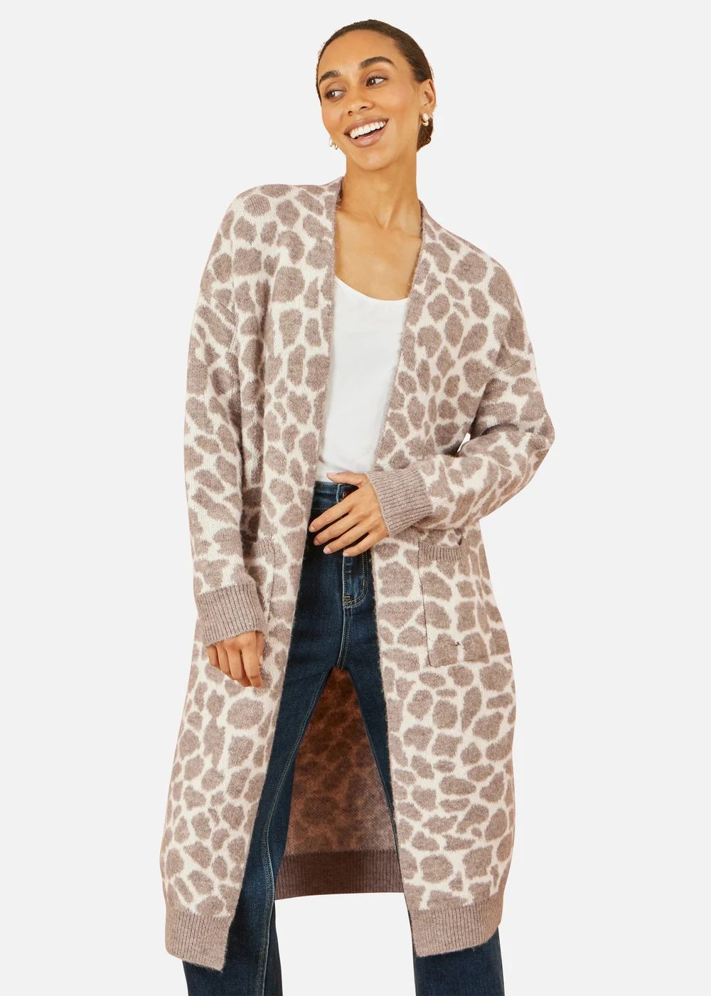 Yumi Beige Animal Print Intarsia Long Cardigan - S/M Image 2
