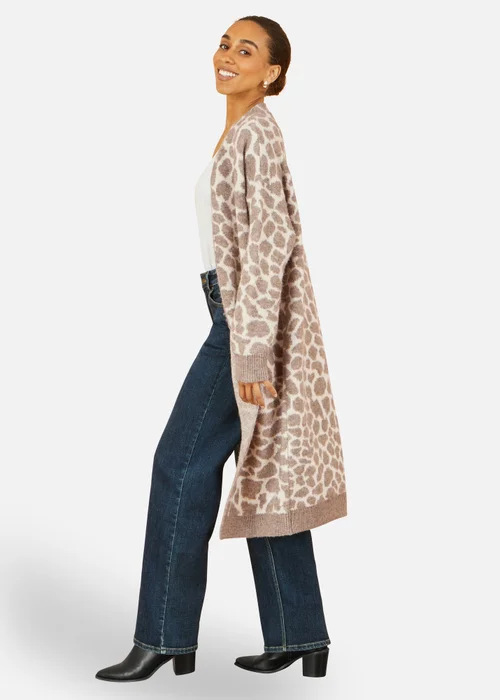 Yumi Beige Animal Print Intarsia Long Cardigan - S/M Image 3