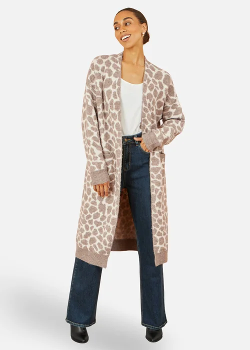 Yumi Beige Animal Print Intarsia Long Cardigan - S/M Image 1
