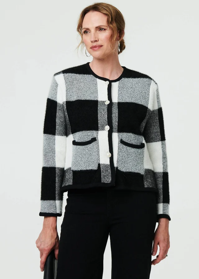 Izabel London Black & White Checkered Long Sleeve Cropped Cardigan