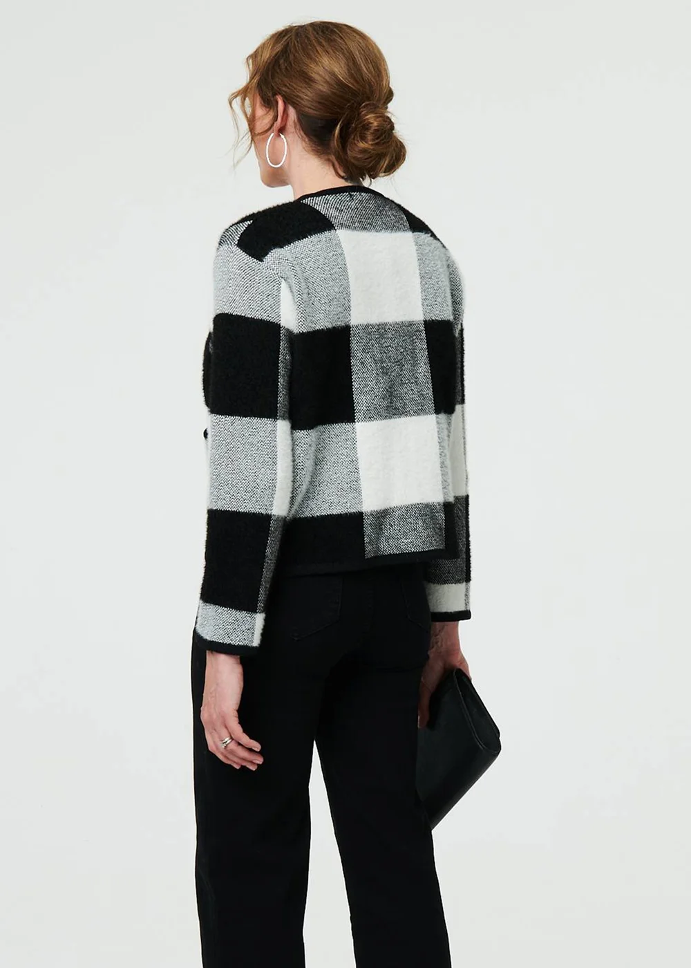 Izabel London Black & White Checkered Long Sleeve Cropped Cardigan - 8-10 Image 2