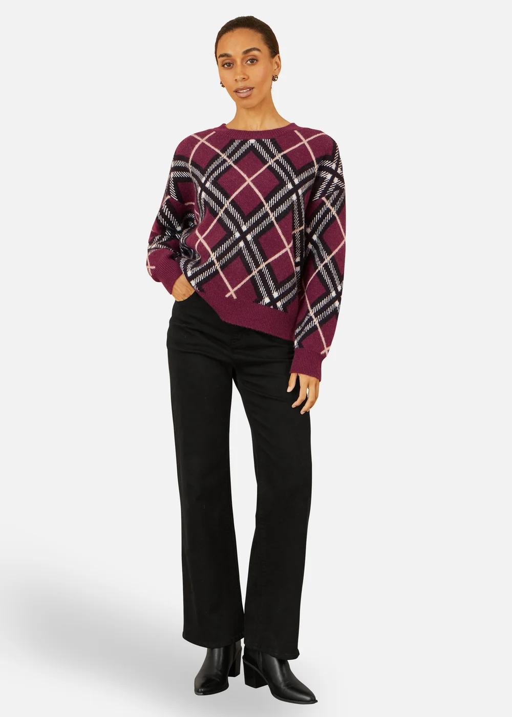 Yumi Burgundy Argyle Check Relaxed Jumper - Medium/Large Image 1