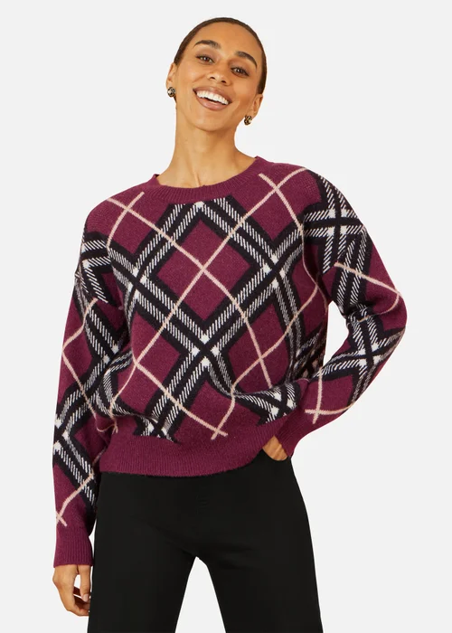 Yumi Burgundy Argyle Check Relaxed Jumper - Medium/Large Image 2