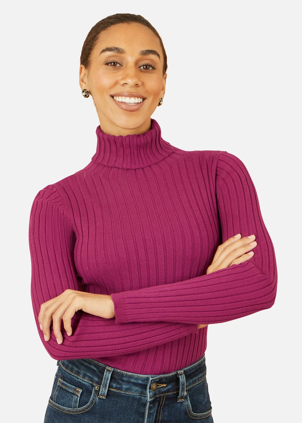 Yumi Plum Ribbed Knit Roll Neck Jumper - Small Image 2