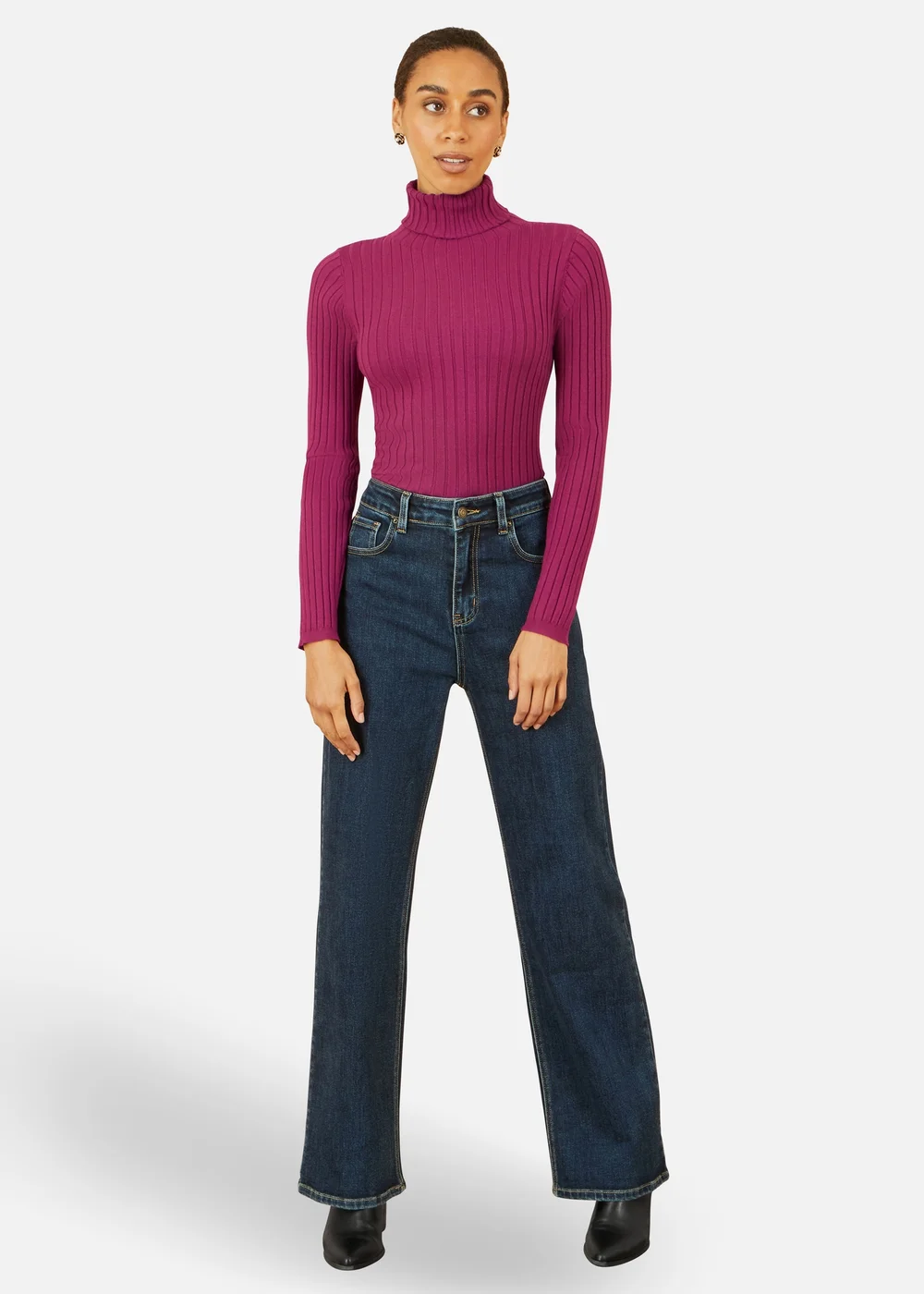 Yumi Plum Ribbed Knit Roll Neck Jumper - Small Image 1