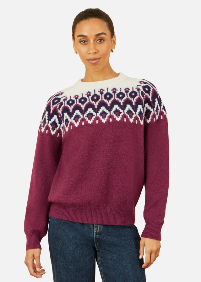 Yumi Burgundy Fair isle Relaxed Fit Knitted Jumper