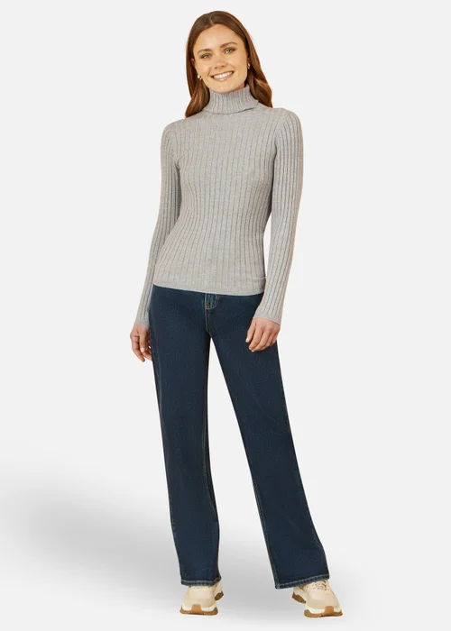 Yumi Grey Ribbed Knit Roll Neck Jumper - Large Image 1
