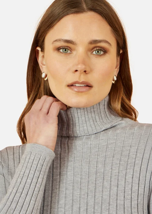 Yumi Grey Ribbed Knit Roll Neck Jumper - Large Image 3