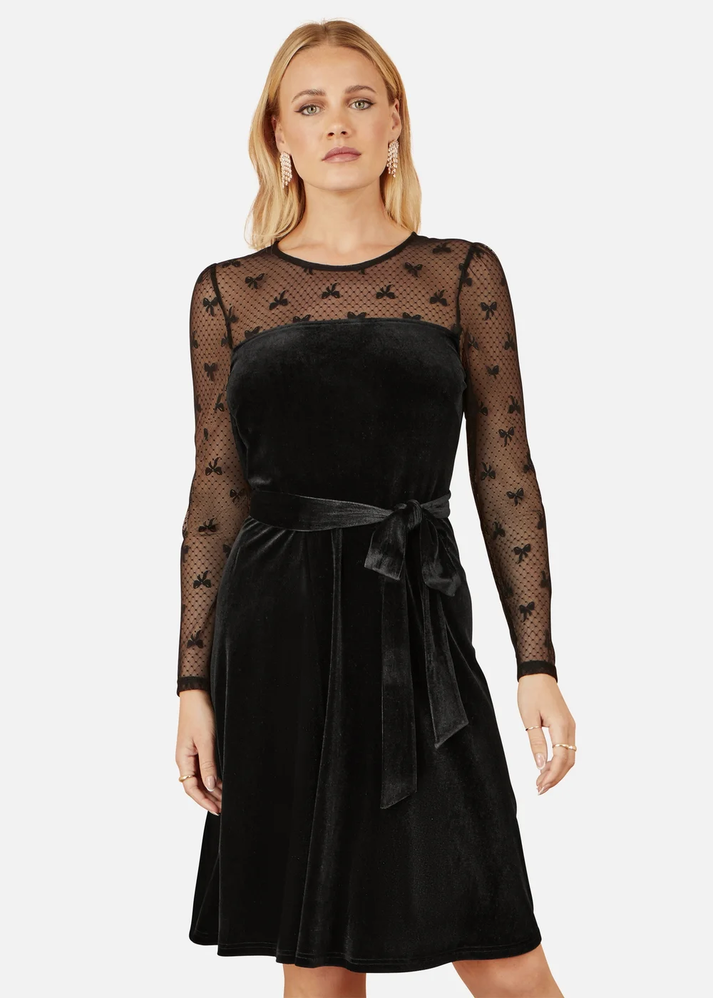 Yumi Black Velvet Skater Dress With Mesh Bow Sleeves - 16 Image 2