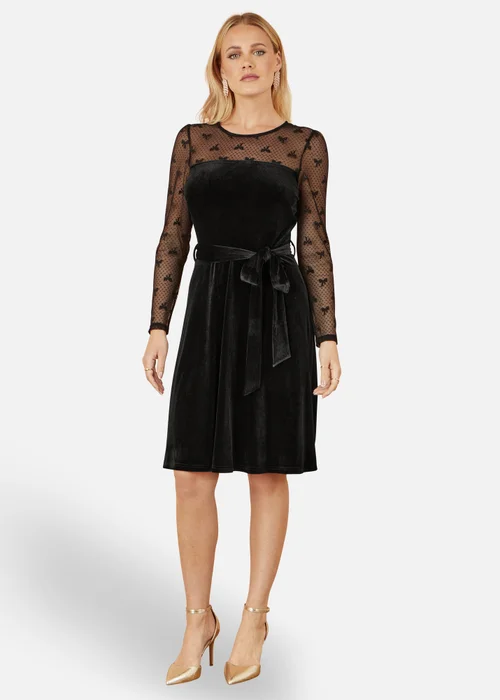 Yumi Black Velvet Skater Dress With Mesh Bow Sleeves - 16 Image 1