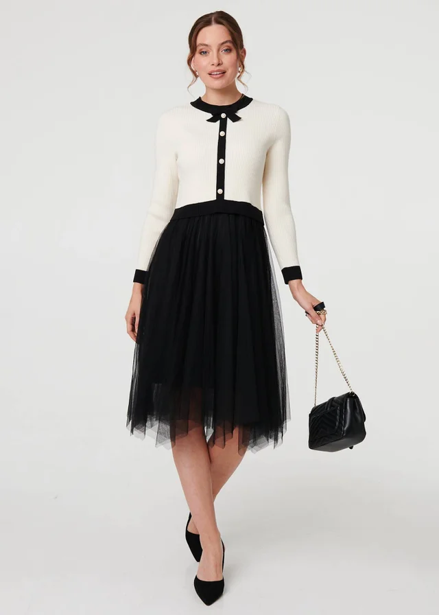 Izabel London Black & White Button Front Mesh Textured Jumper Dress
