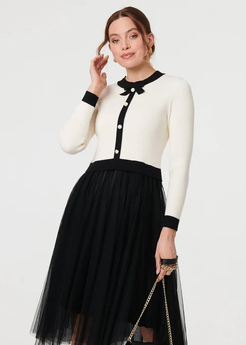 Izabel London Black & White Button Front Mesh Textured Jumper Dress - 14 Image 4