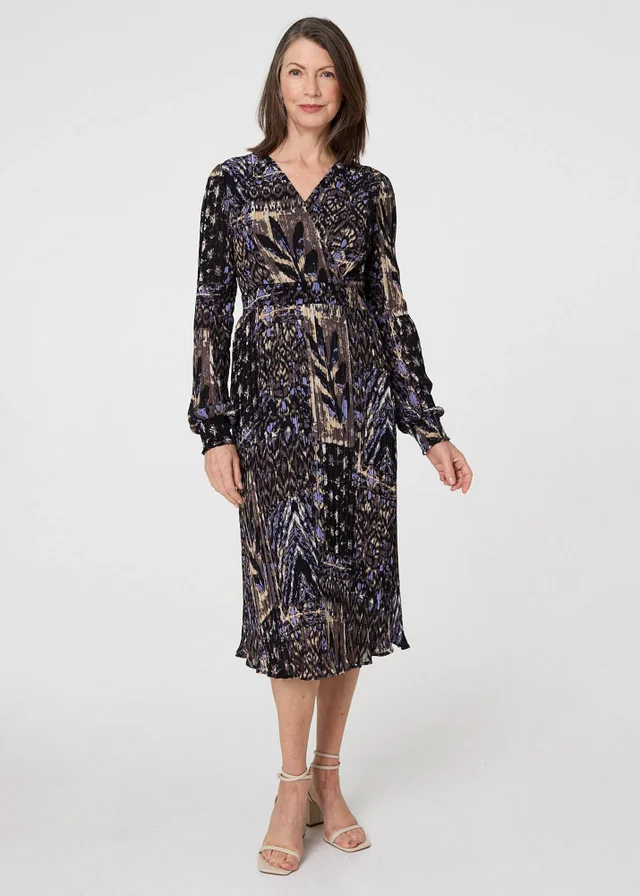 Izabel London Black Printed Shirred Waist Midi Wrap Dress